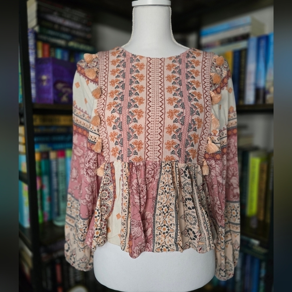Bohemian Floral Print Blouse - Pink and Cream